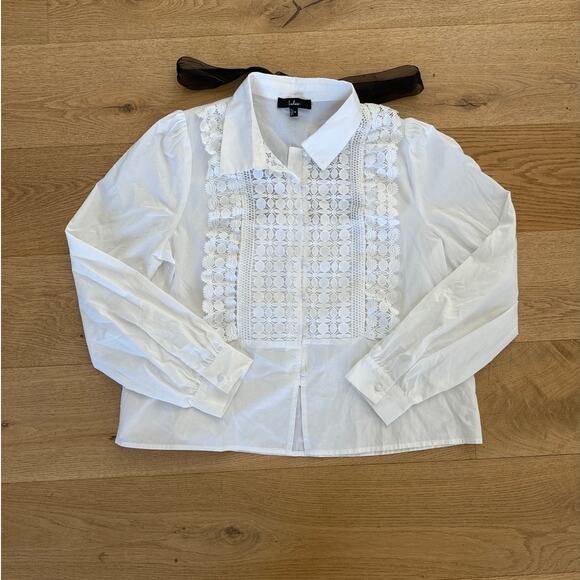 Lulu's - Outstanding Charisma Crochet Lace Tie Neck Button Front Blouse in White - Picture 1 of 4
